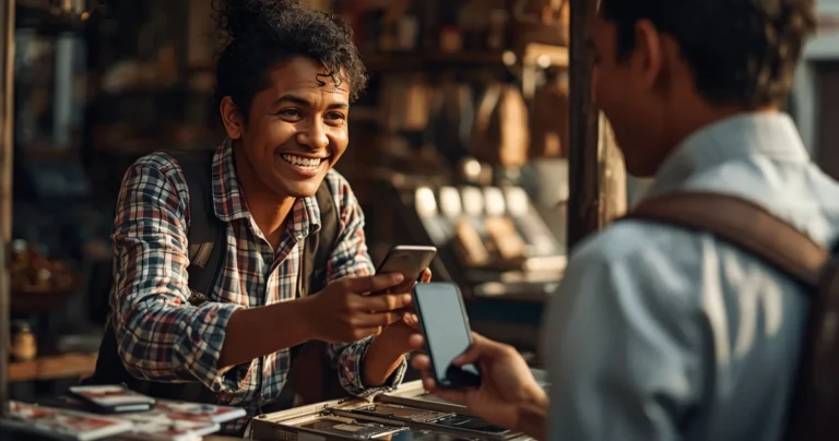 street vendor showing refurbished smartphones very happily