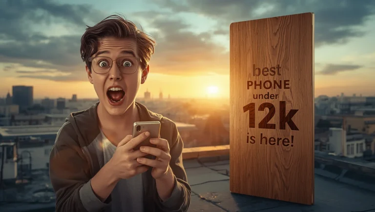 Young man holding a smartphone with a shocked and excited expression, standing outdoors at sunset beside a large wooden board displaying the text “Best phone under 12k is here!