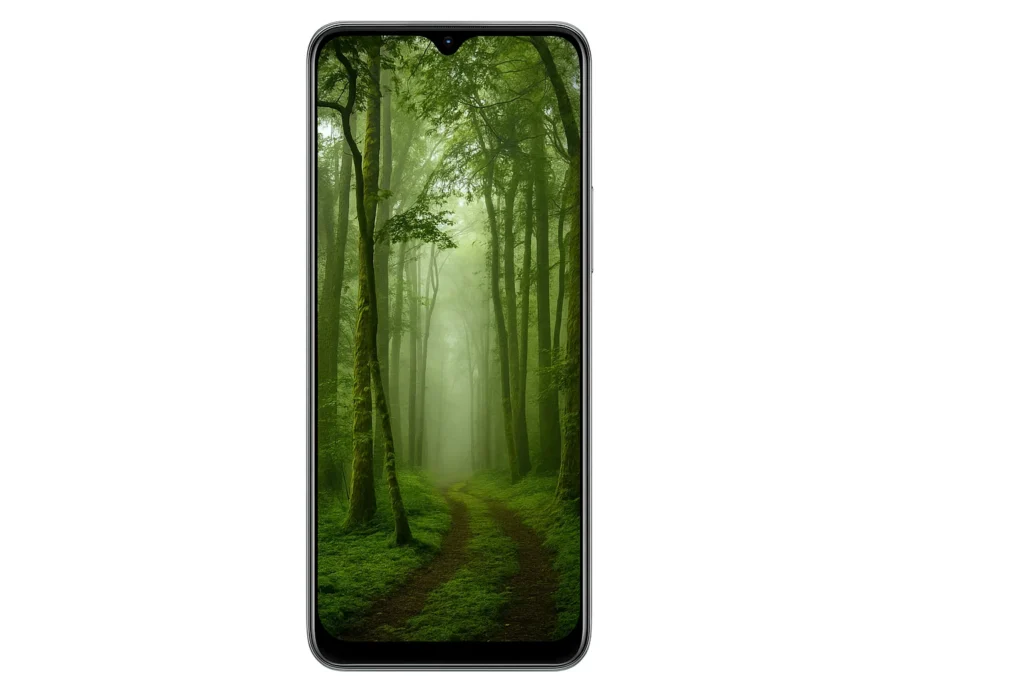 Vivo Y15C Refurbished Mobile – Clean Display & Budget-Friendly Android Front display of Vivo Y15C refurbished mobile with vibrant forest wallpaper on screen.
