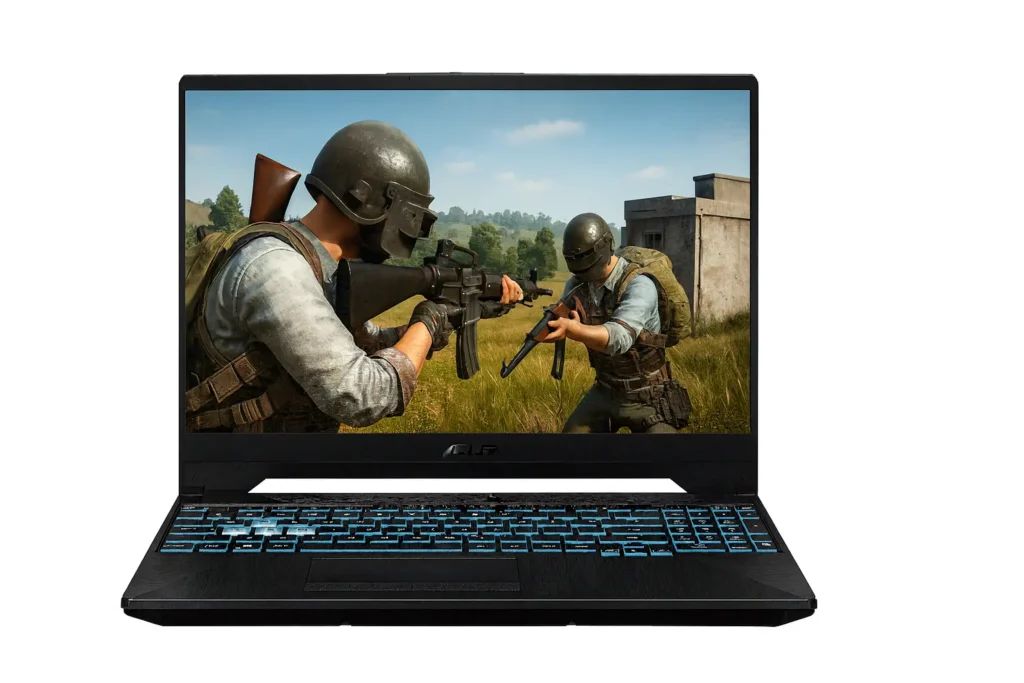 ASUS TUF A15 Gaming Laptop – Performance for Gamers ASUS TUF A15 gaming laptop front view displaying PUBG action gameplay on screen
