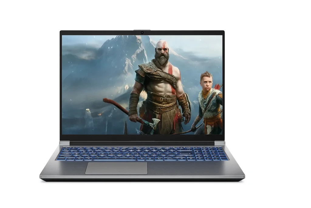 Acer ALG gaming laptop Acer ALG gaming laptop front view with God of War game characters displayed on screen