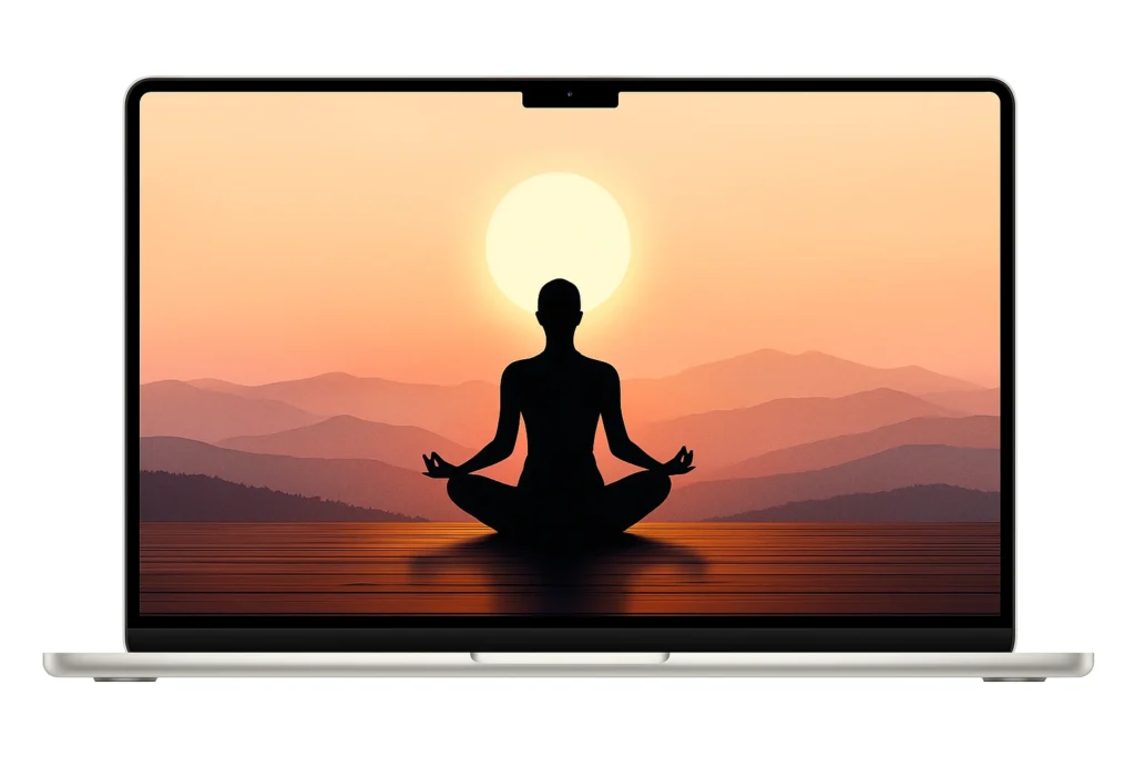 Laptop displaying serene sunset meditation scene.