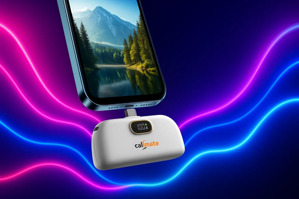 with neon background, a CALLMATE Powernugget powerbank is charging a mobile