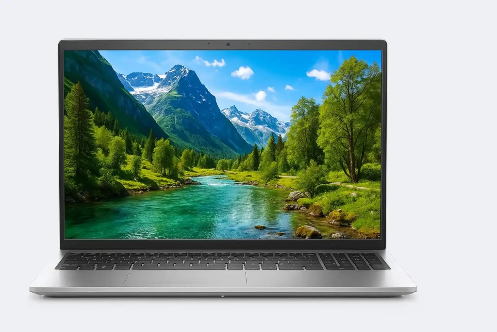 Dell Inspiron 15-3530 Laptop – Full Display View Dell Inspiron 15-3530 laptop front view with scenic mountain and river wallpaper on screen