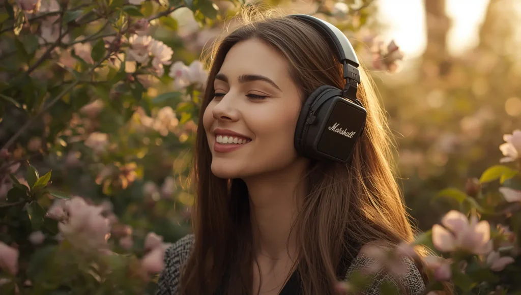 Girl enjoying music with Marshall headphones in a garden surrounded by flowers