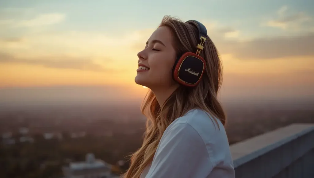 Girl enjoying music with Marshall headphone during sunset on a rooftop