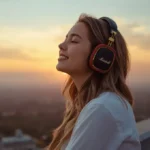 Girl enjoying music with Marshall headphone during sunset on a rooftop
