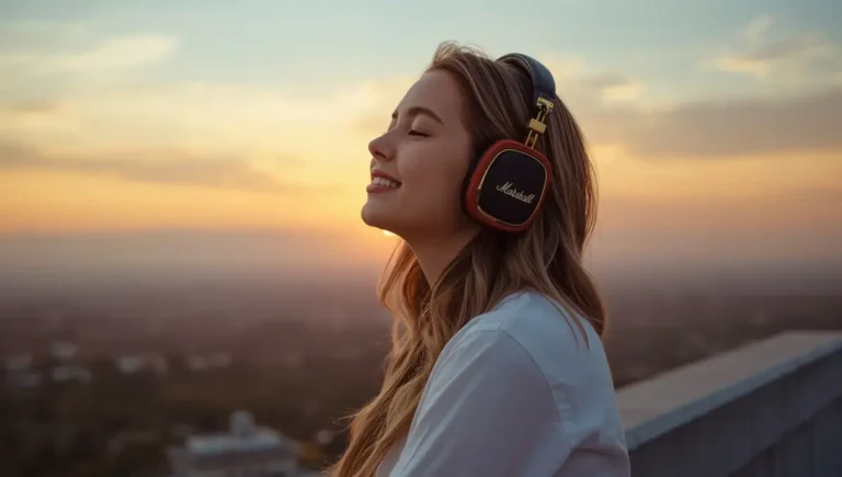 Girl enjoying music with Marshall headphone during sunset on a rooftop