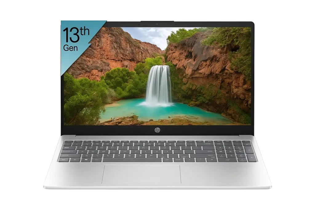 HP 15 Laptop – 13th Gen HP 15 Laptop front view with 13th Gen Intel badge and waterfall nature wallpaper on display