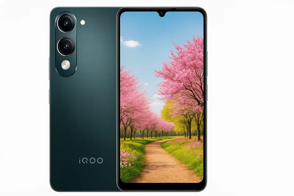 IQOO Z10 Lite 5G smartphone front and back view showing dual camera setup and bright display.