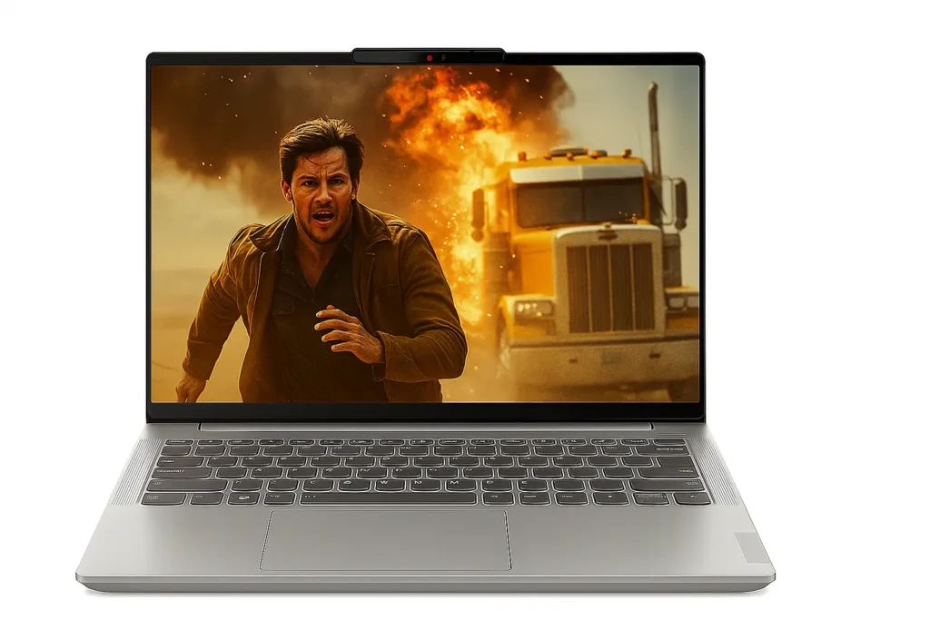 Lenovo IdeaPad Slim 5 Lenovo IdeaPad Slim 5 laptop displaying an action movie scene with an explosion and a man running, highlighting vivid screen and speaker quality.