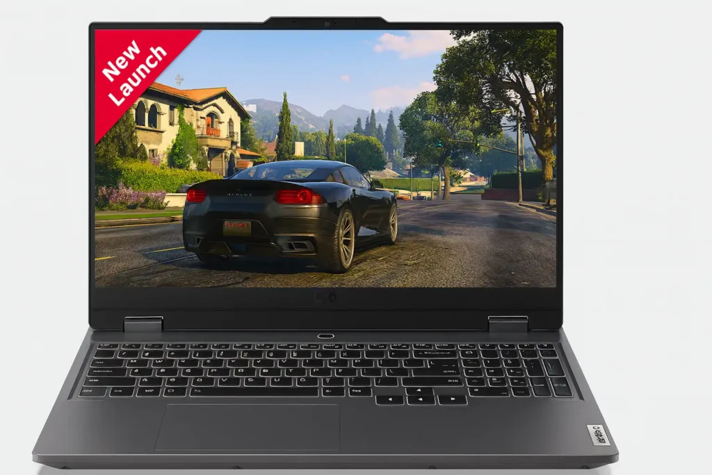 Lenovo Smartchoice LOQ Laptop – Gaming Display Lenovo Smartchoice LOQ laptop front view with GTA 5 gameplay on screen and new launch banner