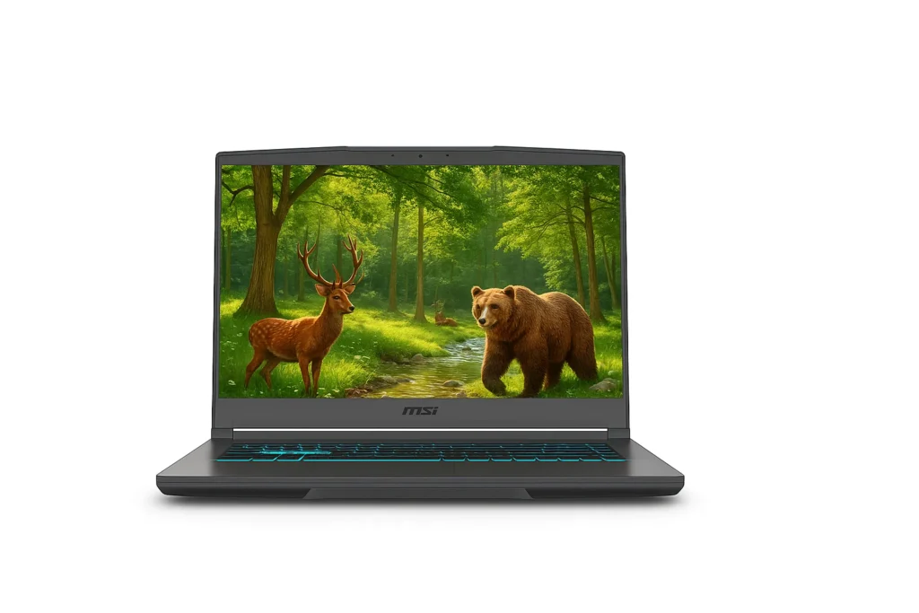 MSI Thin 15 – Vivid Display with Great Visuals MSI Thin 15 laptop showing colorful wildlife on screen, highlighting its vivid display quality.