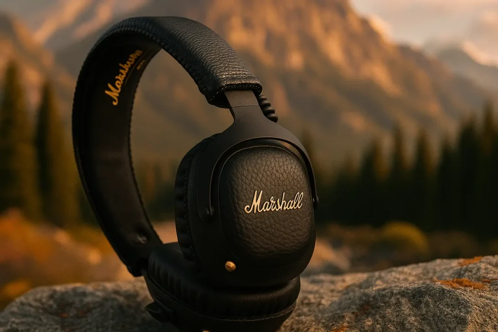 Marshall black headphones placed on a rock with mountains and trees in the background