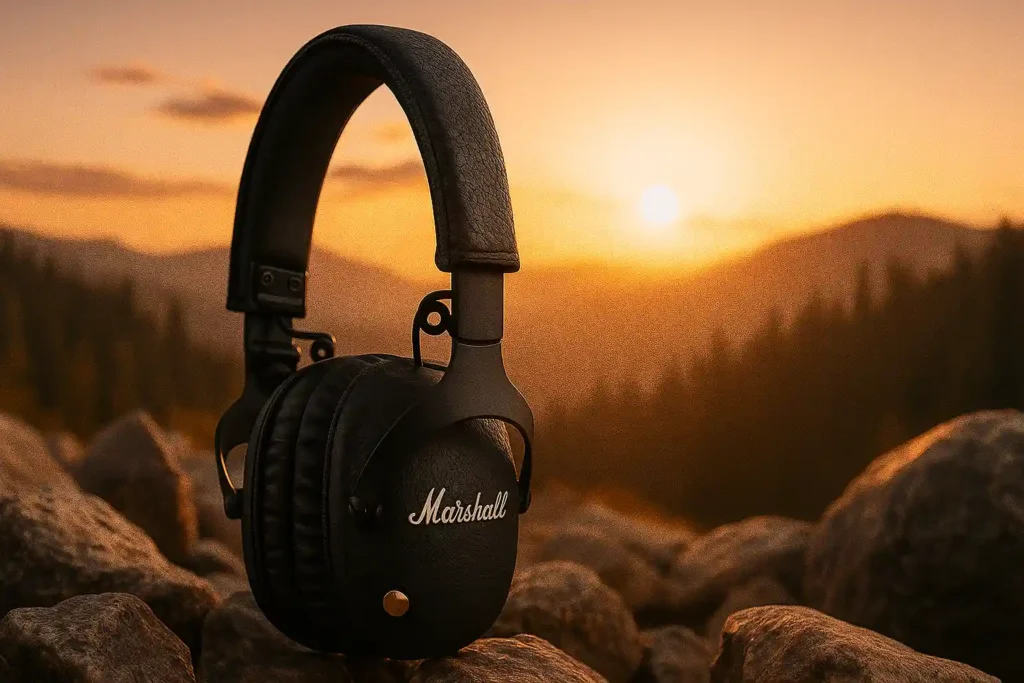 Marshall black headphones placed on rocks with a scenic sunset and mountains in the background