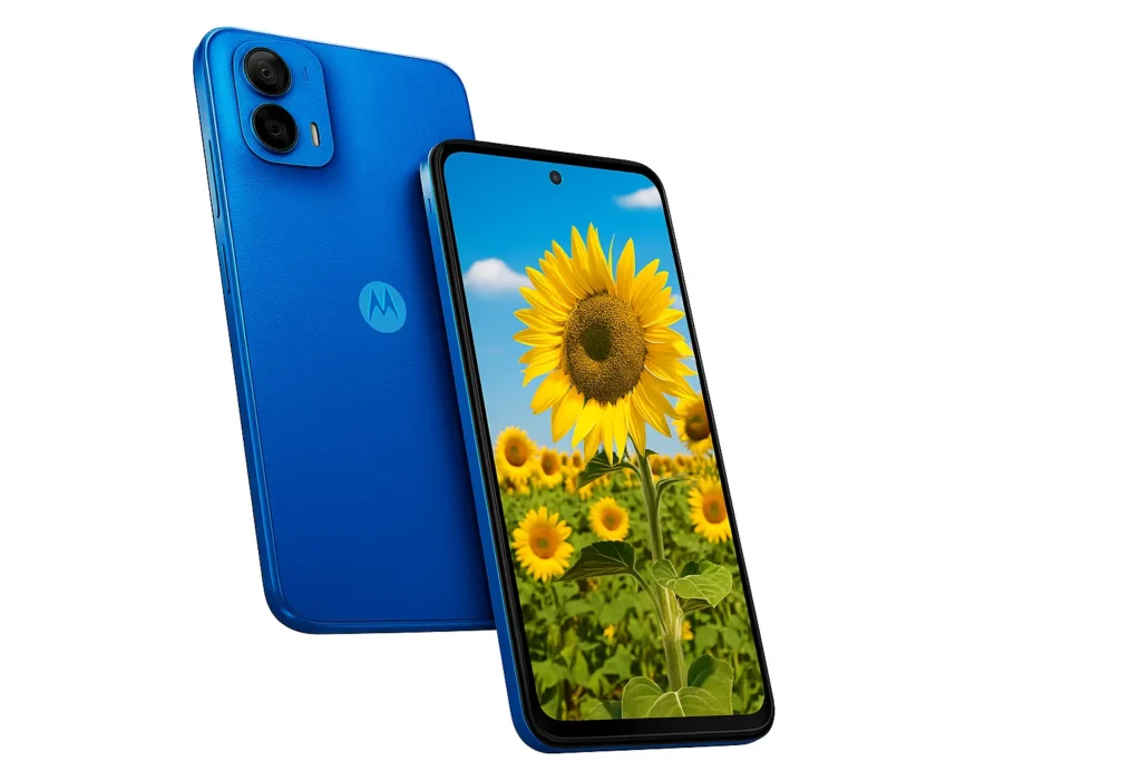 Motorola G45 5G smartphone in vibrant blue color featuring a dual rear camera setup and a vivid display showing a sunflower field under a bright blue sky.