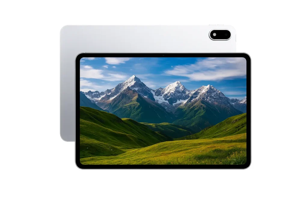 Tablet displaying scenic mountain landscape.
