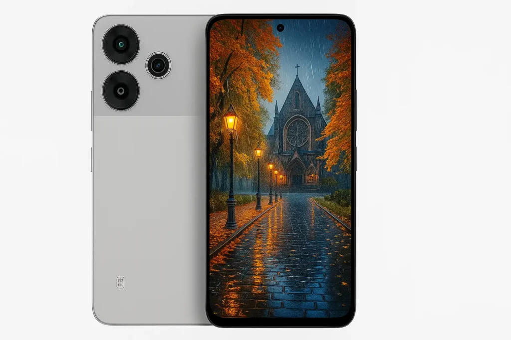 POCO M6 Plus 5G smartphone in silver with a dual-tone finish, featuring a triple rear camera setup and a vibrant display showing a rainy autumn street leading to a cathedral.