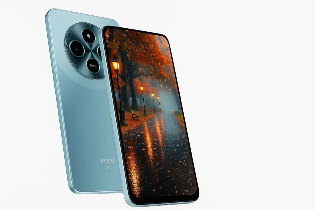 POCO M7 5G smartphone in blue color with a triple rear camera setup and a vibrant display showing a scenic autumn pathway with streetlights.