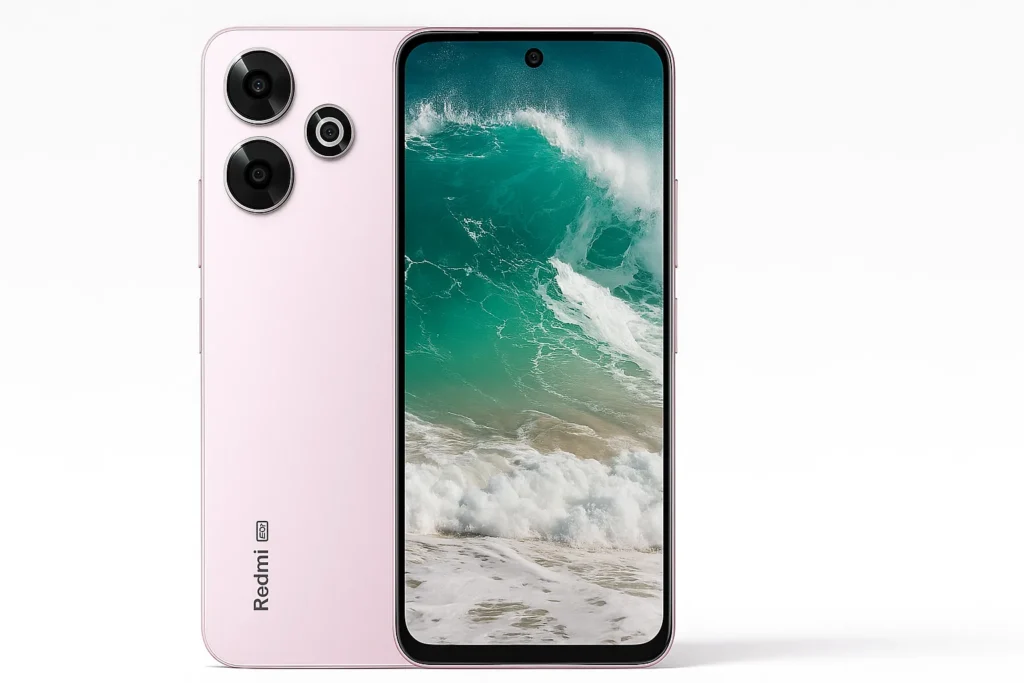 Redmi 13 5G smartphone in a light pink finish featuring a triple rear camera setup and a vibrant display showing a crashing ocean wave on a sandy beach.