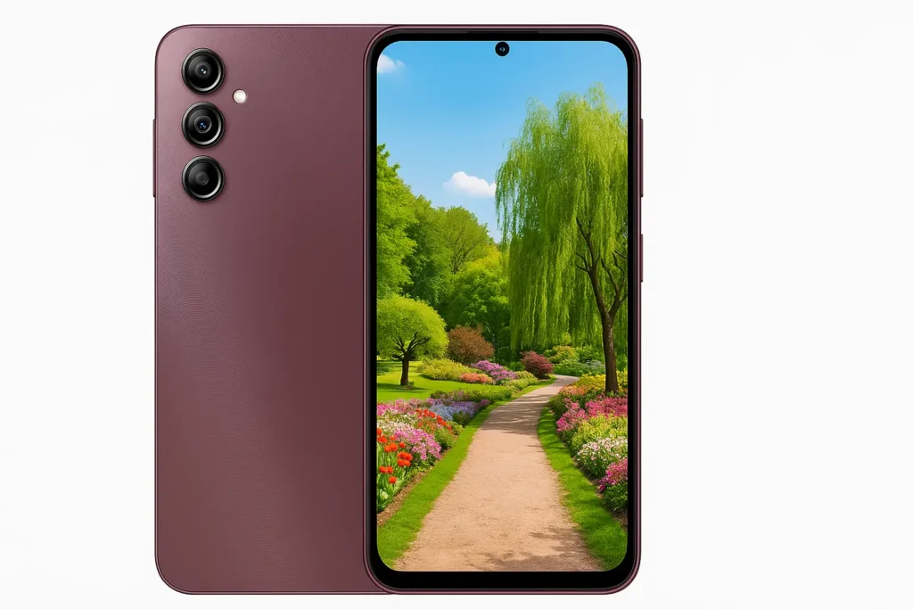 Samsung Galaxy A15 5G smartphone front and back view showing camera setup and vibrant display.