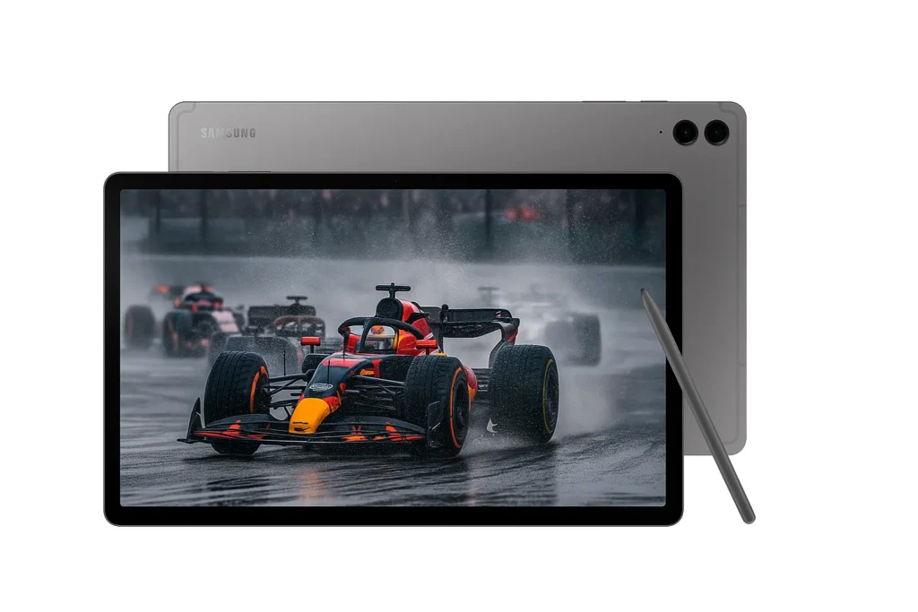 Tablet displaying racing car in rain