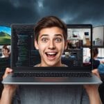 A happy young gamer holding a laptop showing coding, gaming, and streaming—perfectly depicting the best gaming laptop under 70000 for multitaskers.