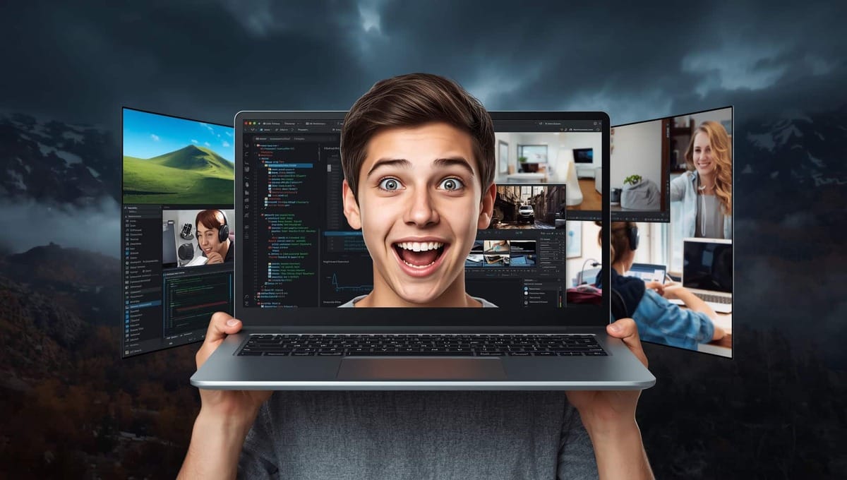 A happy young gamer holding a laptop showing coding, gaming, and streaming—perfectly depicting the best gaming laptop under 70000 for multitaskers.