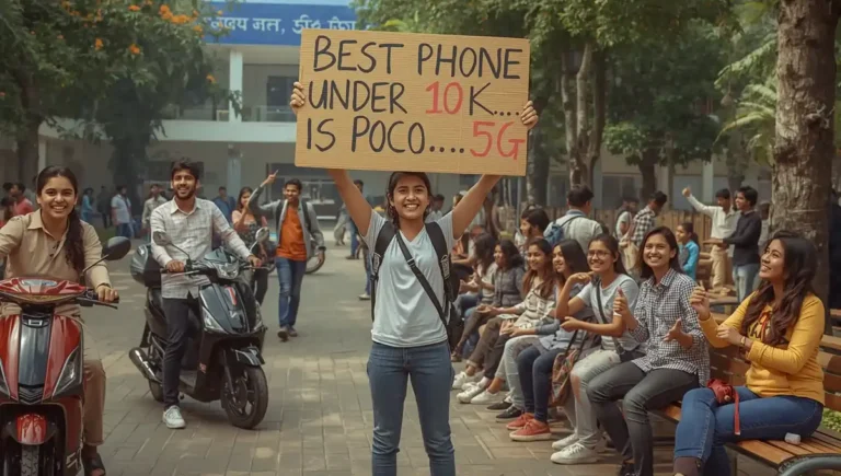 A young woman holding a sign that says “Best Phone Under 10K is Poco .... 5G” in a lively outdoor college setting with students cheering.