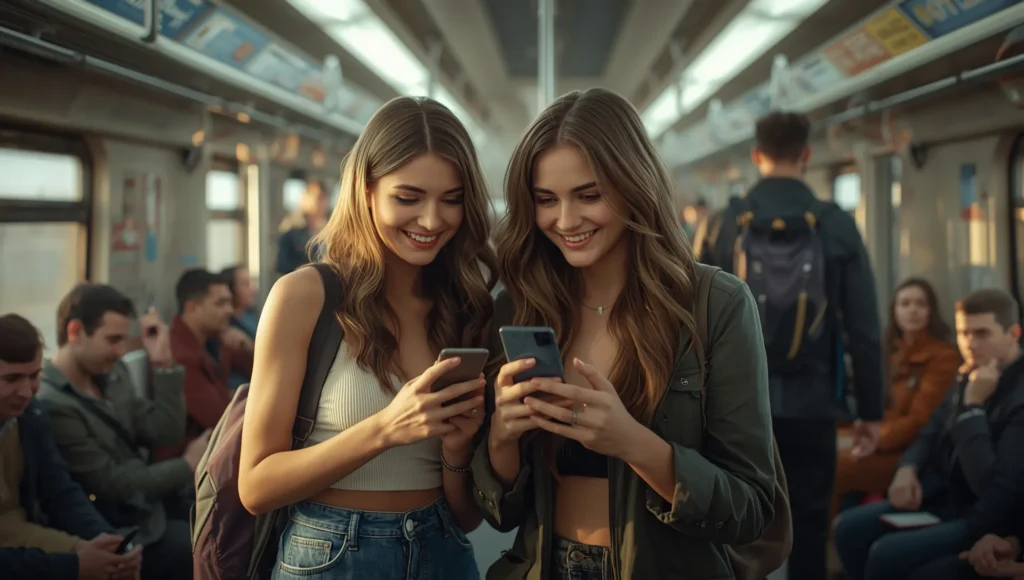 Two happy girls browsing for the best 5G mobile under 12000 while traveling in metro.