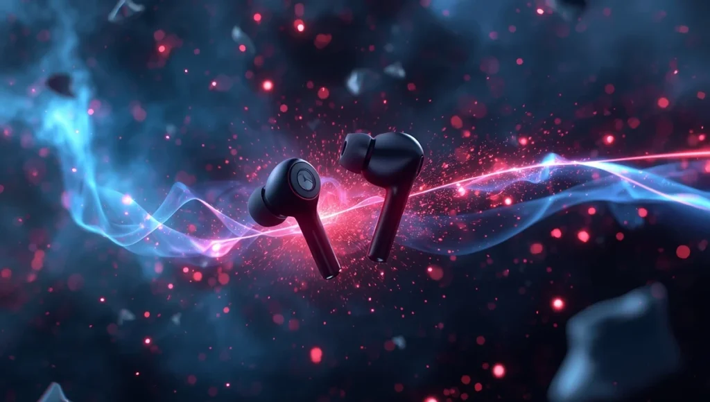 Futuristic earbuds surrounded by glowing particles