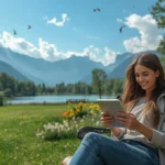 Girl is Relaxing in outdoors with a tablet.