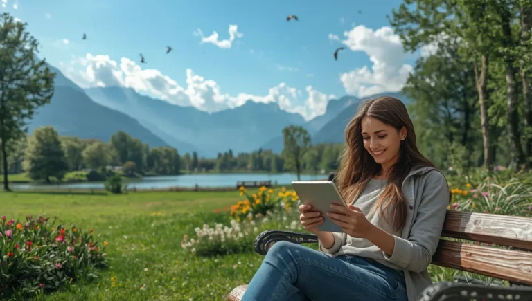 Girl is Relaxing in outdoors with a tablet.