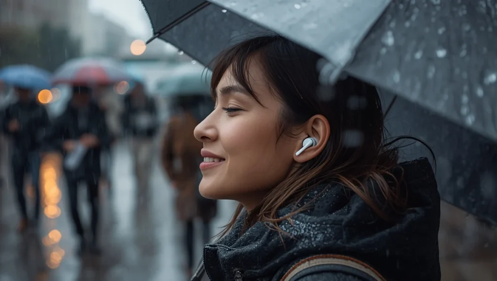 Girl is listening to music in the rain