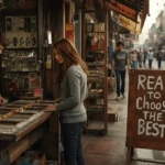 Girl checking mobiles at a small street shop while a wooden sign says "Read to choose the best."