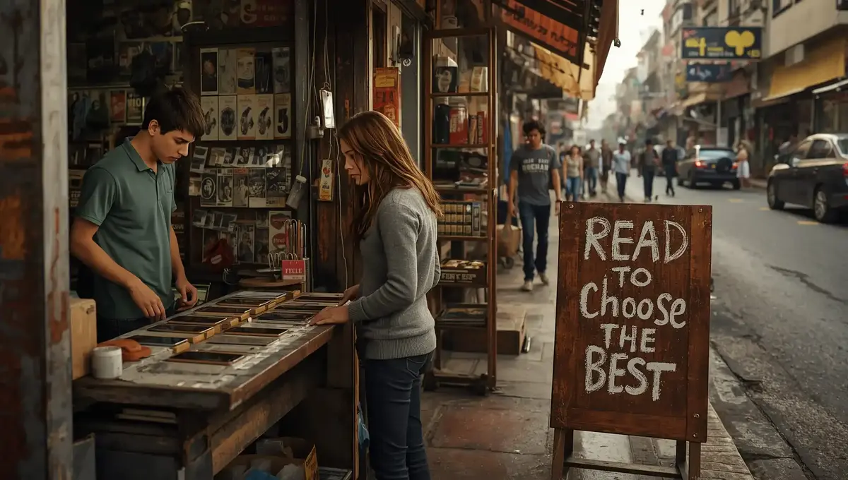 Girl checking mobiles at a small street shop while a wooden sign says "Read to choose the best."