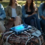 powerbank charging phones while friends are talking with each other