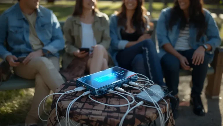 powerbank charging phones while friends are talking with each other