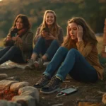 a female sitting on ground looks upset due to phone battery low and cheap powerbank performance