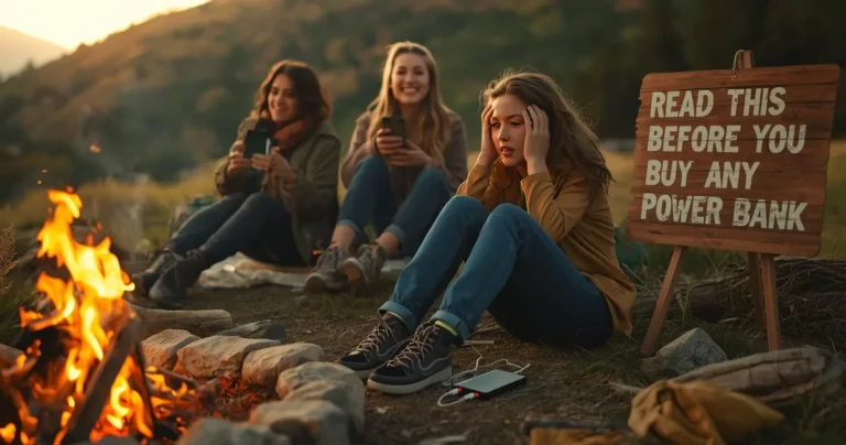 a female sitting on ground looks upset due to phone battery low and cheap powerbank performance