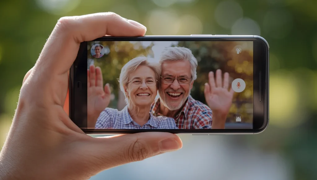 Refurbished Mobiles for Grandparents – Affordable Phones for Easy Use Elderly couple happily waving during a video call on a refurbished mobile, symbolizing easy and affordable connectivity for grandparents