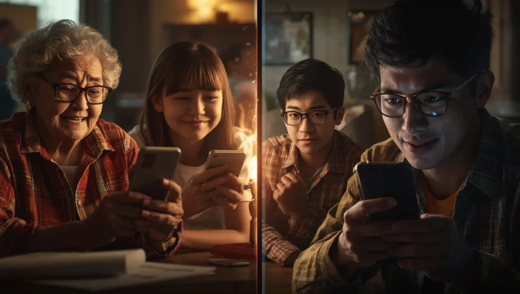 Students and elderly woman using refurbished mobiles for learning and communication, highlighting affordability and practicality for students
