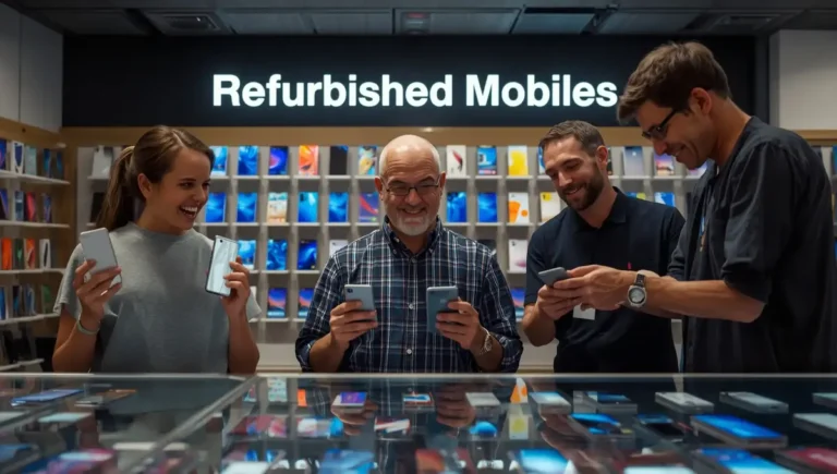 Group of people happily checking refurbished mobiles inside a smartphone store with display shelves in background