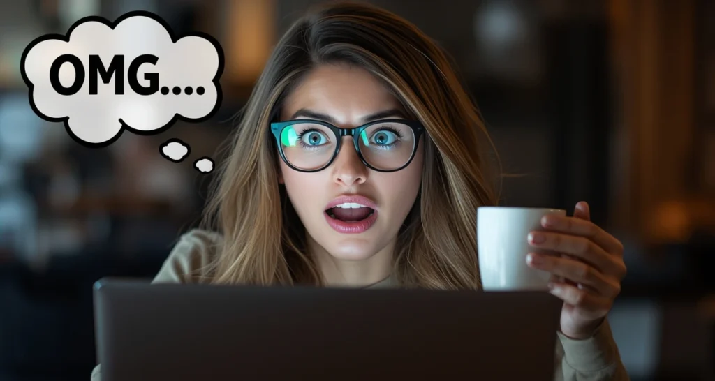 Surprised person holding a cup browsing laptop