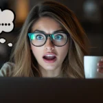 Surprised person holding a cup browsing laptop