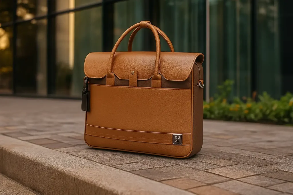 Stylish brown laptop bag on pavement.