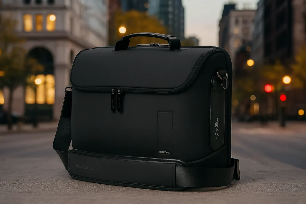 Sleek black briefcase on city street