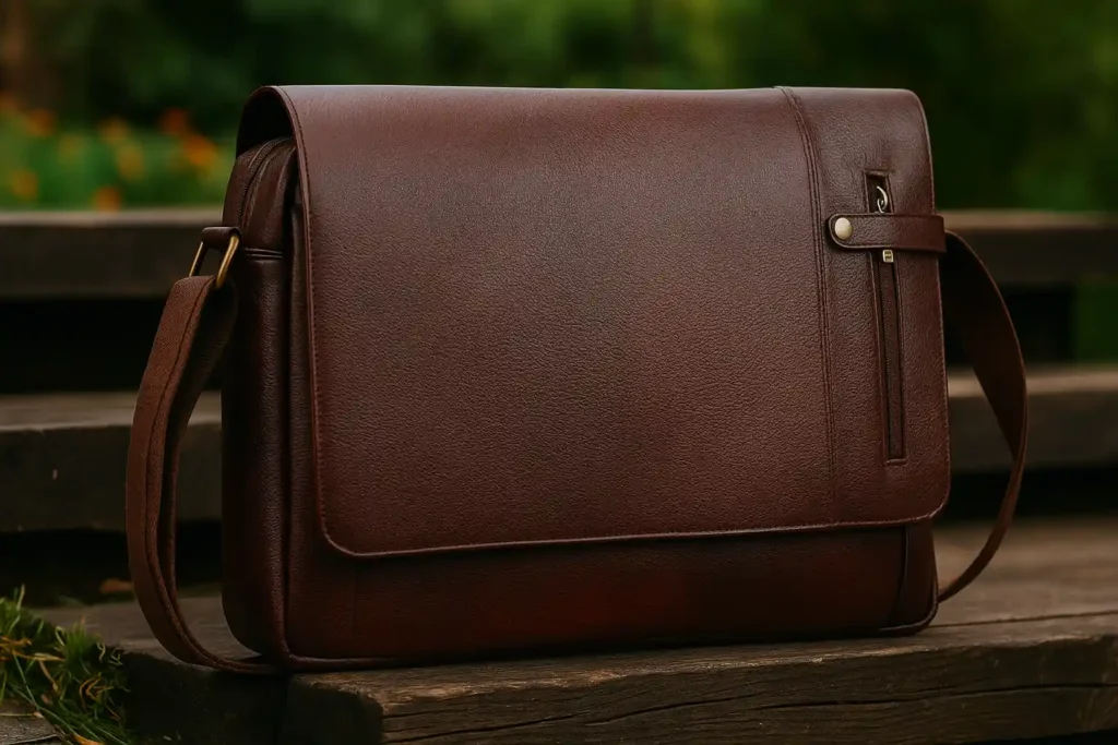 WildHorn Genuine Leather Laptop Bag on a bench