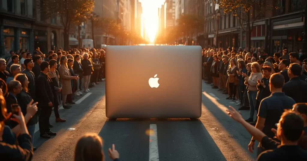 hyper realsitic scene where crowd complementing the apple macbook laptop