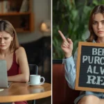 frustrated female after purchasing wrong laptop and a female on the right side informing the users "always read before purchase"